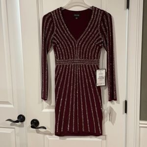 XSCAPE Wine Beaded Bodycon Dress